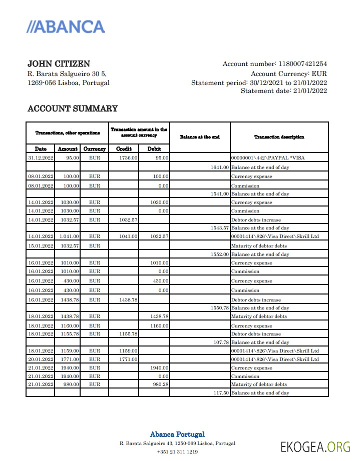 Relevé bancaire d'Abanca au Portugal